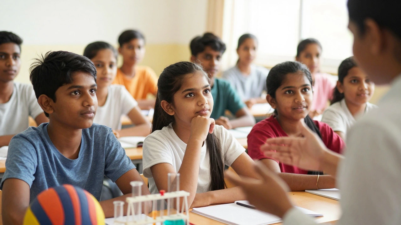 Engaged Indian students discussing with teacher in a bright classroom