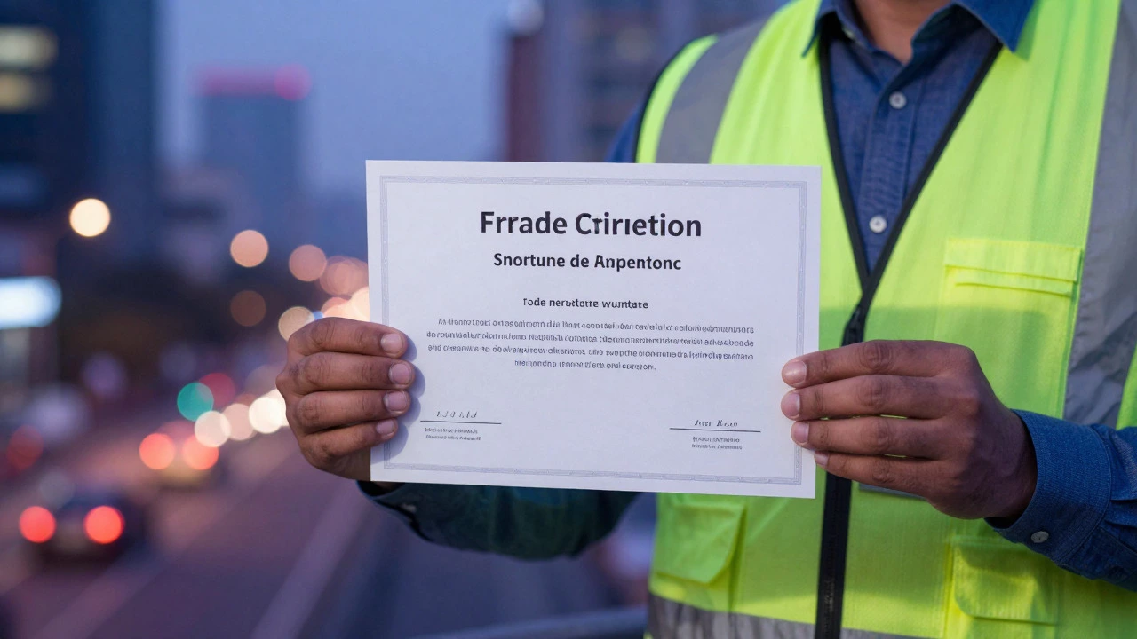 Hands holding a trade certificate against a blurred city skyline at dusk
