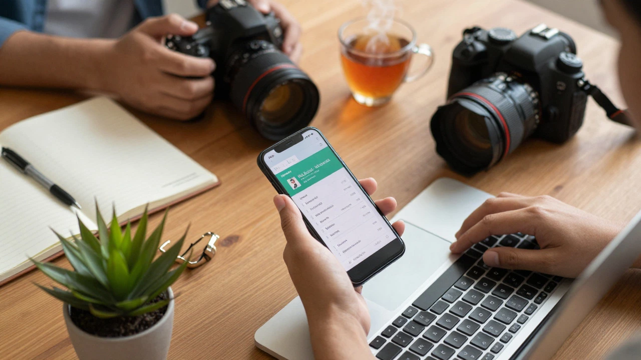Hands using phone, laptop, and camera for hobby-based online courses