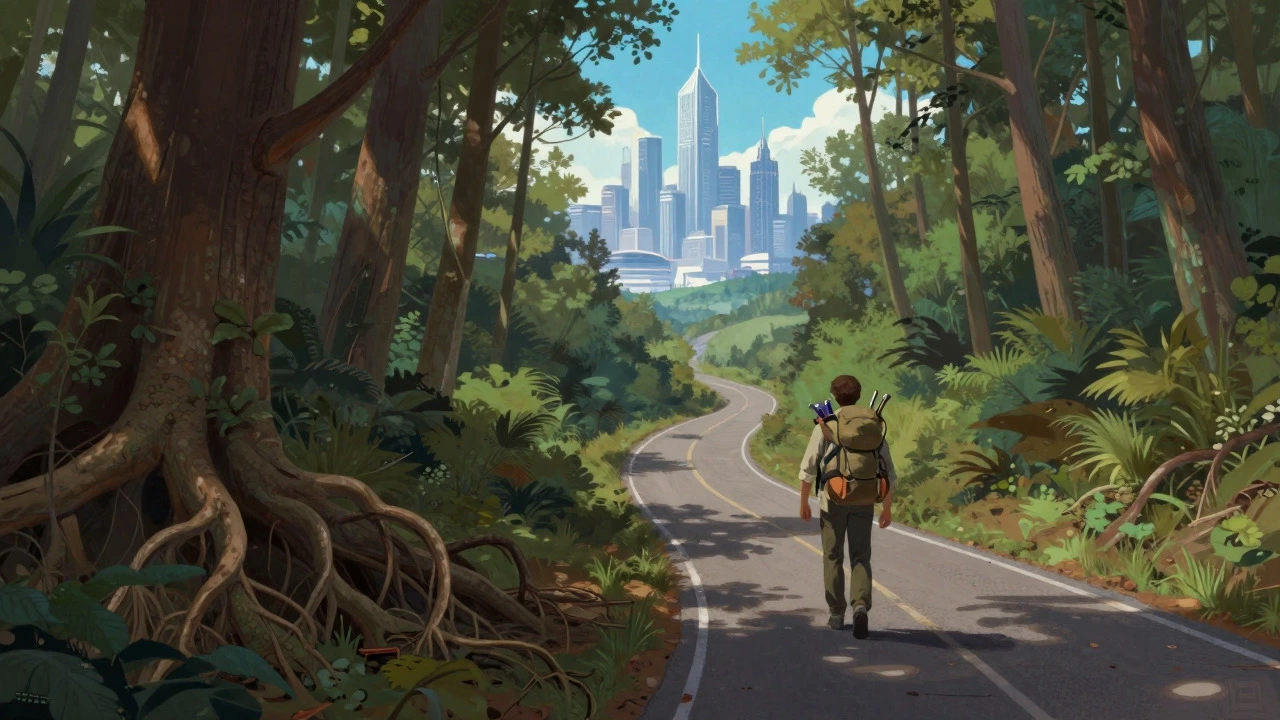 Illustration of a winding path from a dark forest to a bright city