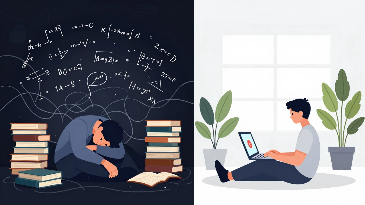 Split illustration contrasting stressful studying with easy online learning