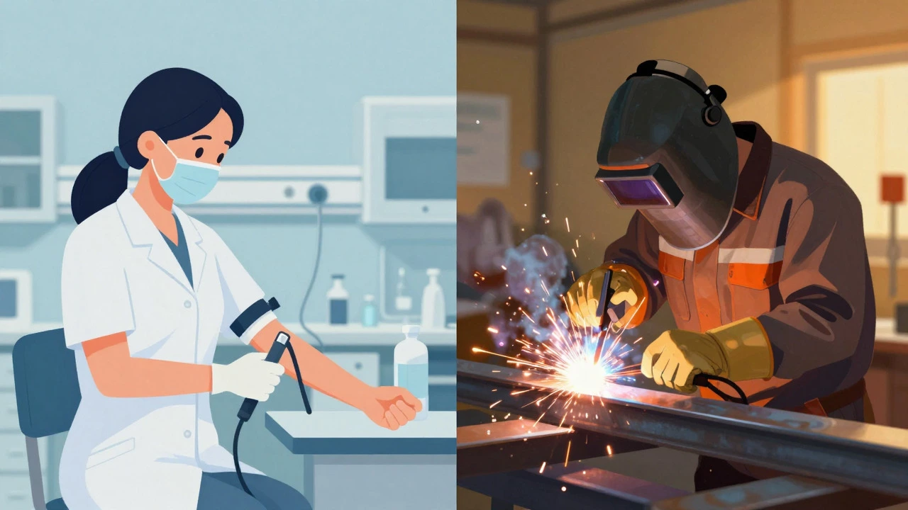 Split view of a phlebotomist in a clinic and a welder in a workshop