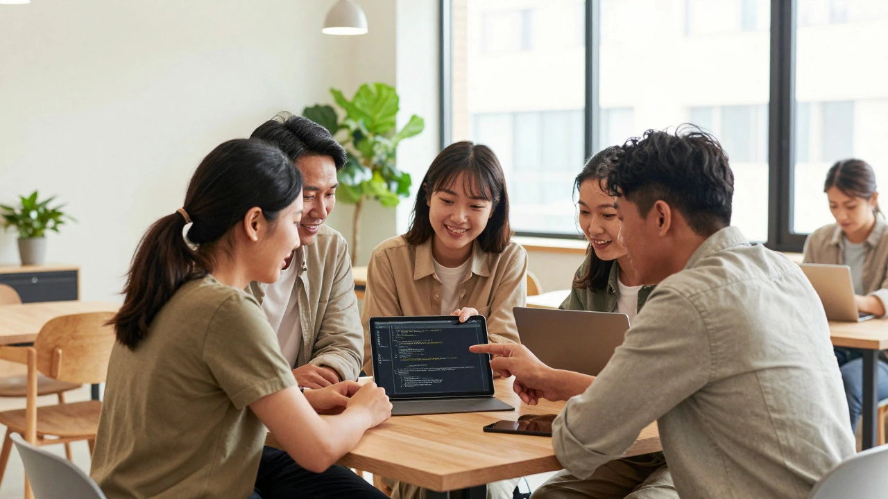 Three adults collaborating and smiling around a table in a co-working space