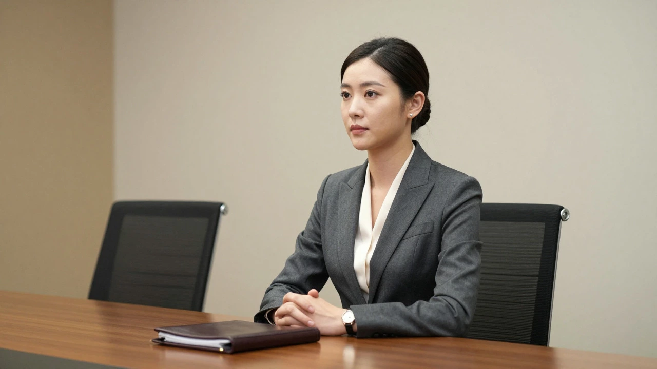 Woman in gray pantsuit sitting professionally at interview table