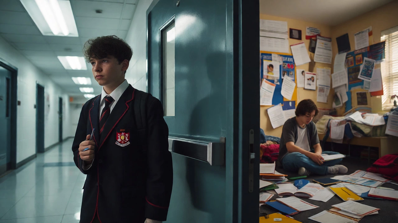 A stressed student facing an exam hall door contrasted with another overwhelmed by piles of homework.