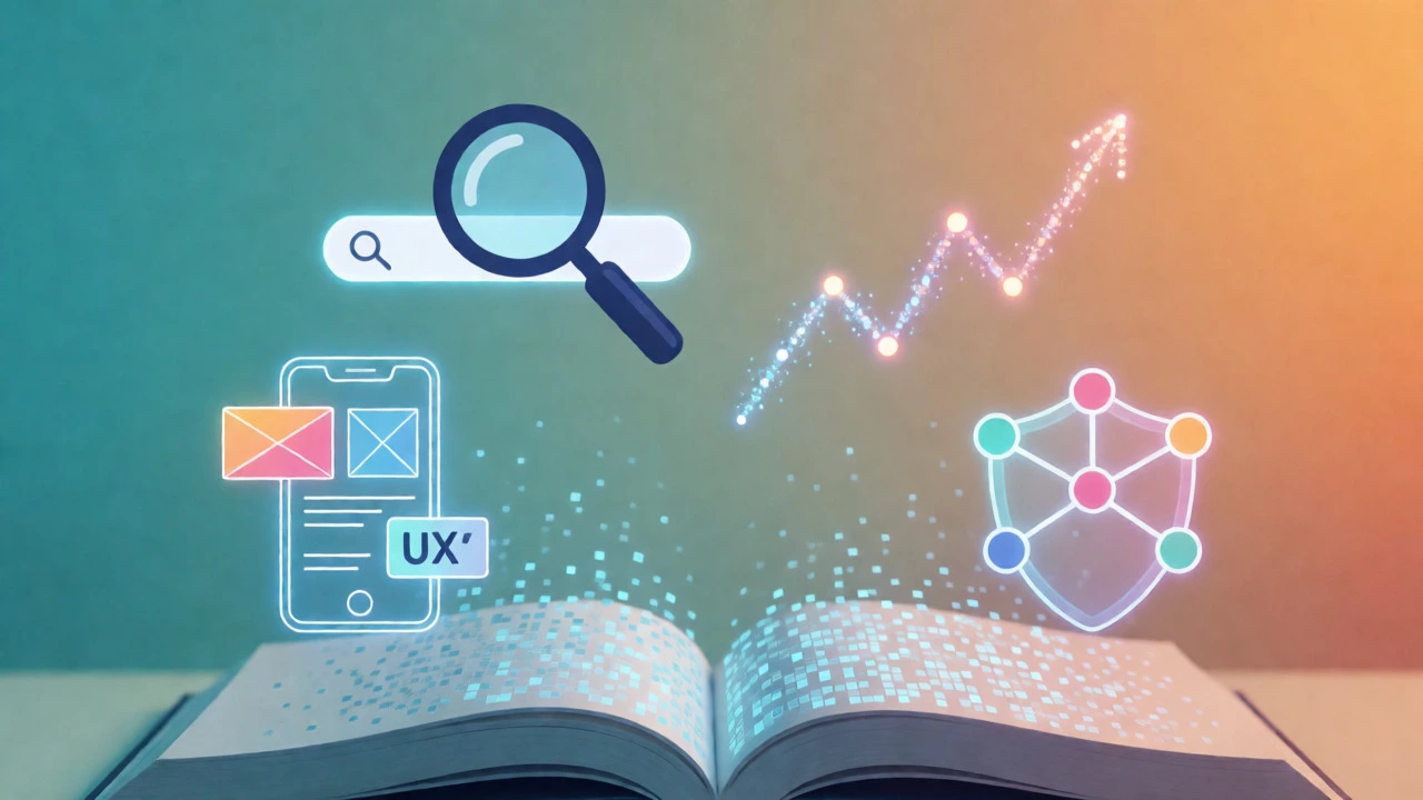 Abstract digital icons representing marketing, design, data, and management