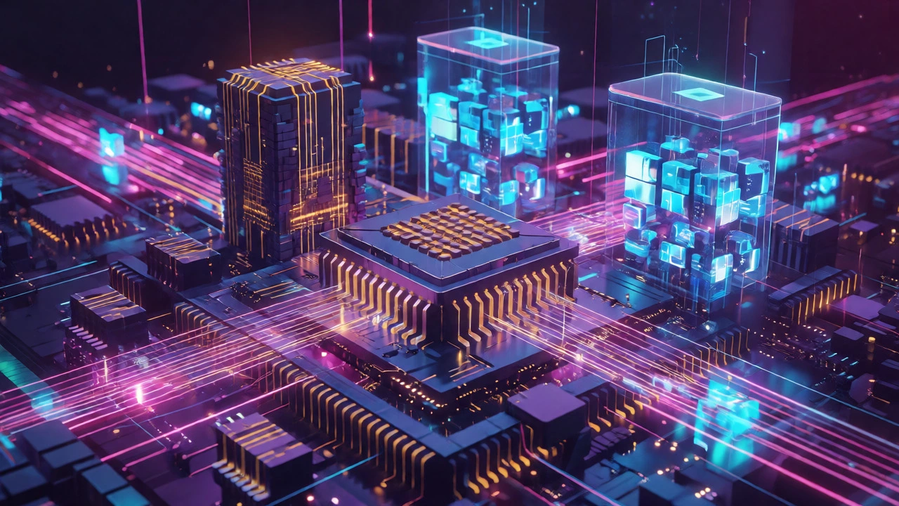 Abstract visualization of computer hardware with glowing circuitry and data streams representing CPU and RAM.