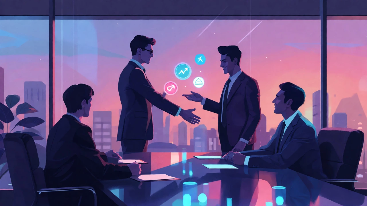 Business professionals negotiating salary with abstract value symbols