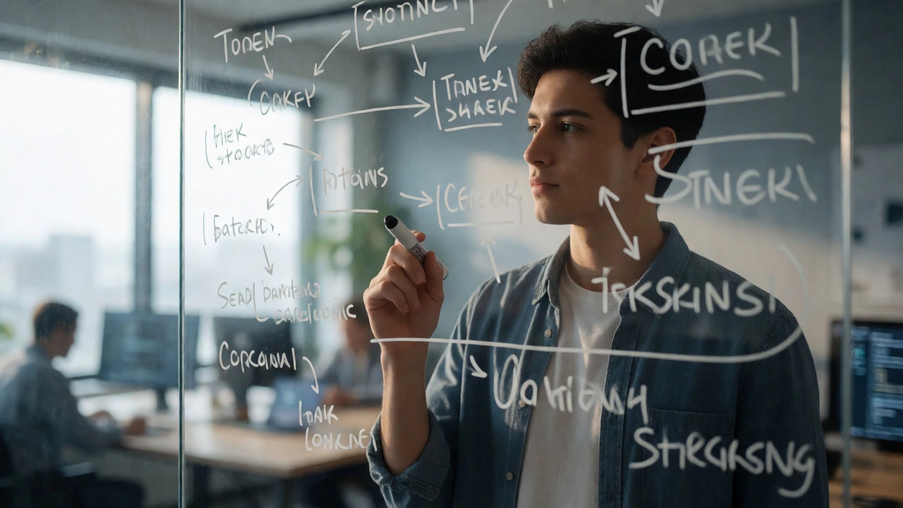Developer analyzing a complex system diagram on a glass board in an office setting.