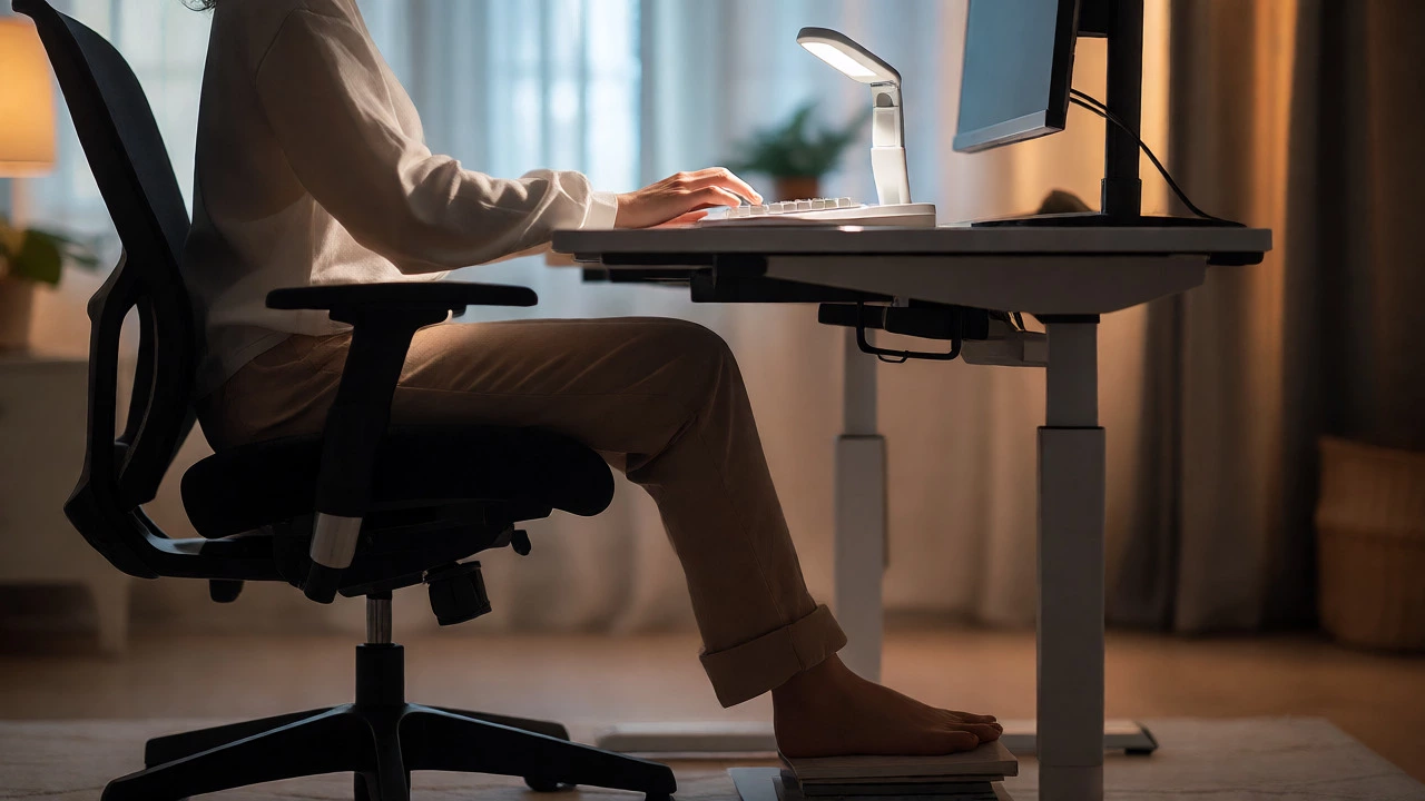 Ergonomic desk setup with proper lighting and monitor height