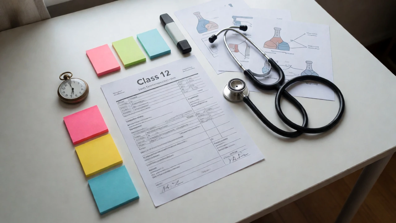 Flat lay of a mark sheet, stethoscope, and study notes arranged on a desk for planning.