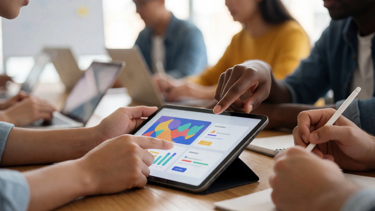 Hands collaborating around a tablet displaying abstract data dashboards