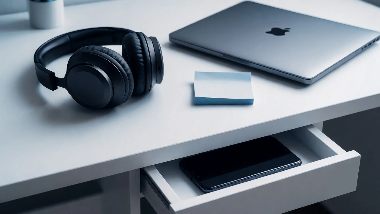 Minimalist desk with headphones and phone hidden away