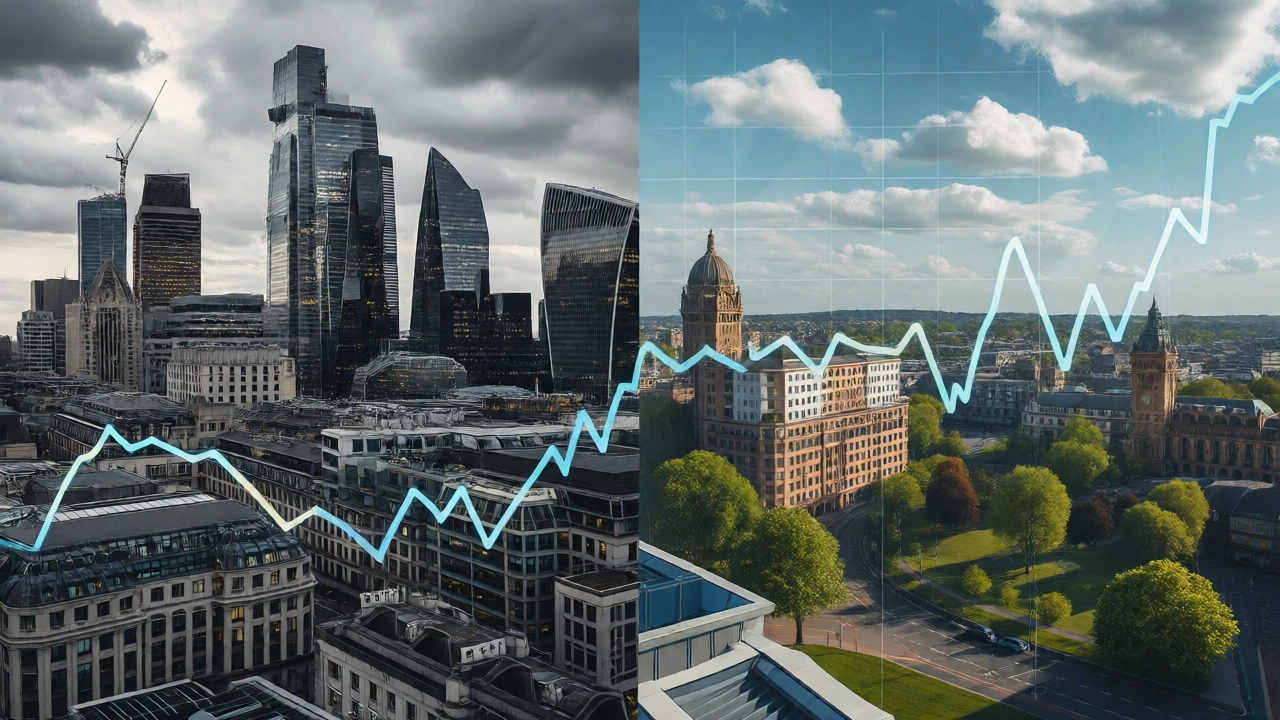 Split view comparing London and regional UK cityscapes