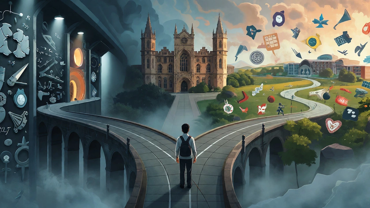 Student at a crossroads choosing between a specialized academic path and a broad extracurricular one.