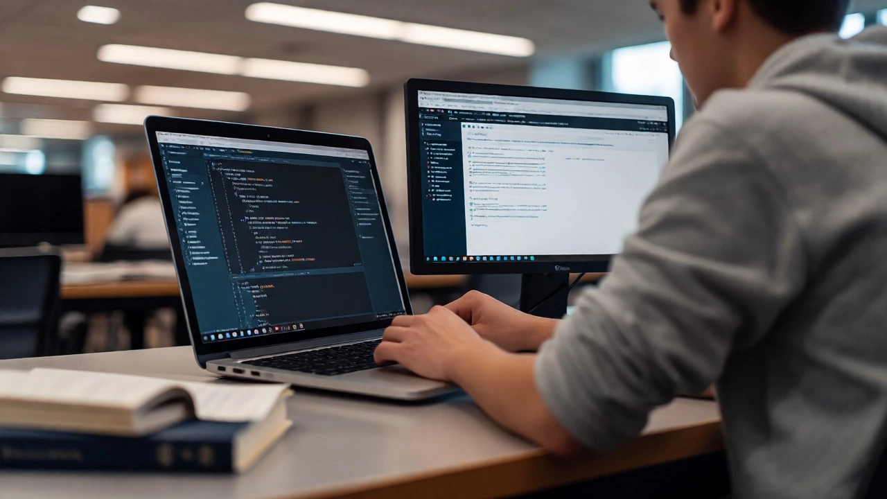 Student coding on a laptop with an external monitor in a quiet, well-lit library environment.