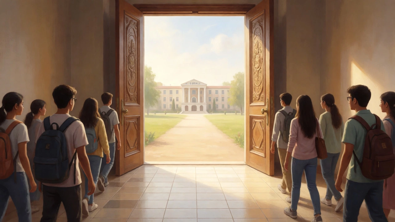 Students of various ages walking through an open door towards a medical career path.