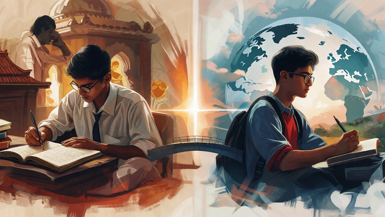 Artistic split scene comparing domestic and international exam preparation paths for scholarships.