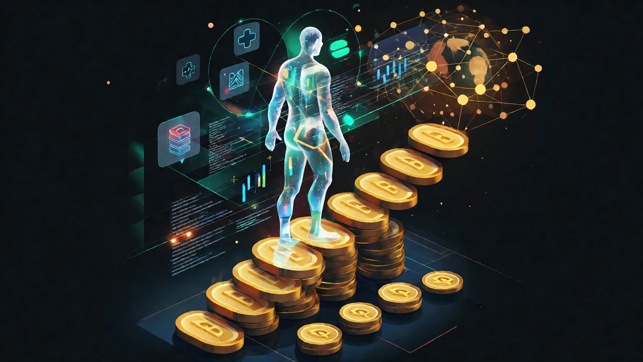 Conceptual 3D figure merging data, finance, and networking