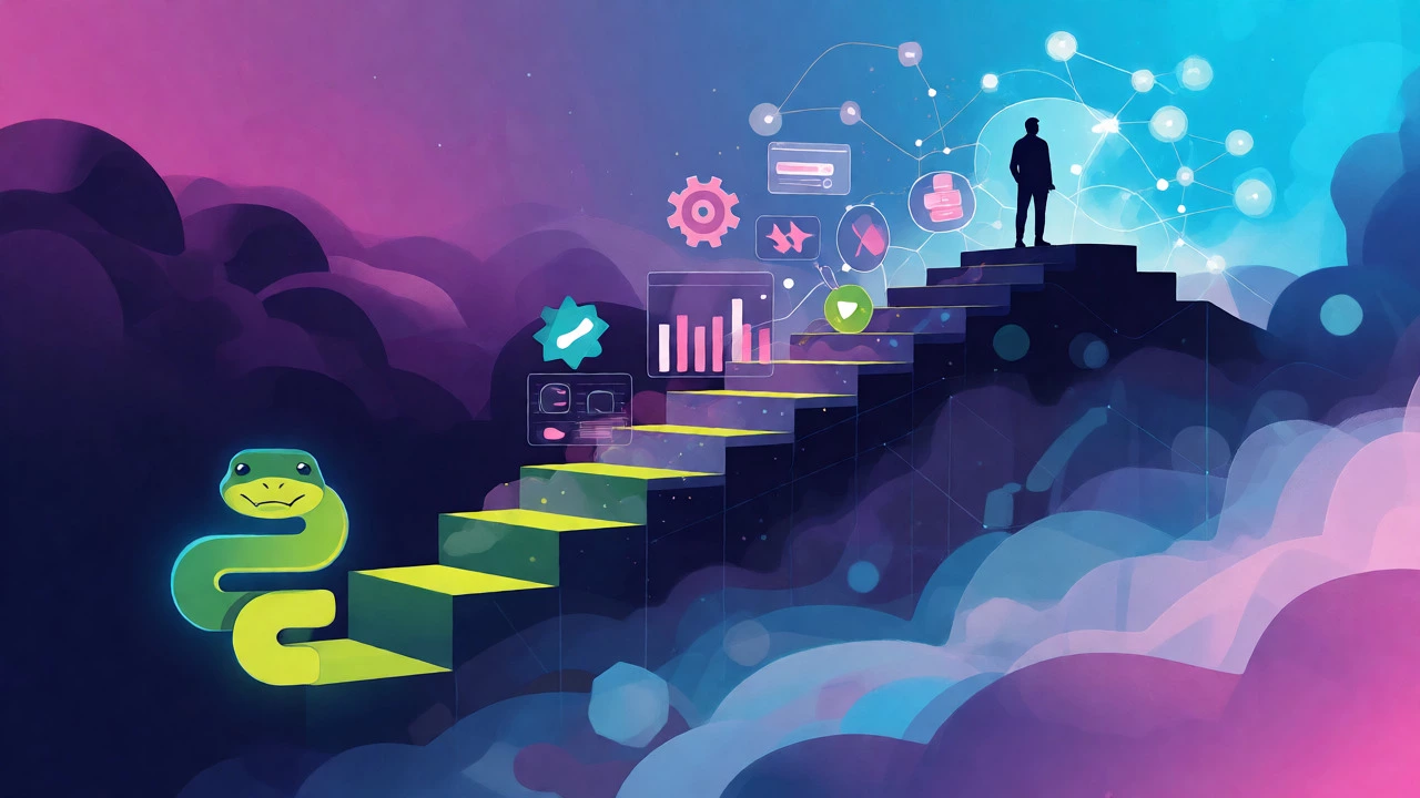 Conceptual illustration of Python learning path evolving into specializations