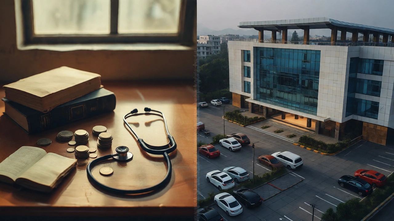 Conceptual split image contrasting affordable government vs luxury private medical colleges