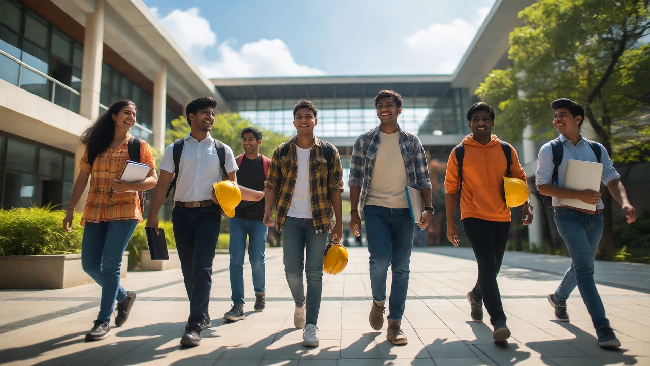 Confident engineering graduates walking on a sunny university campus