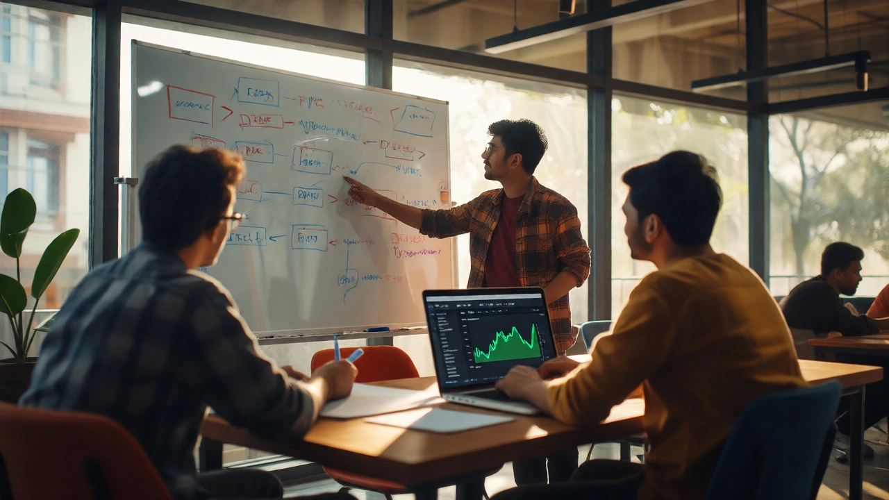 Developers collaborating on code architecture in a modern workspace