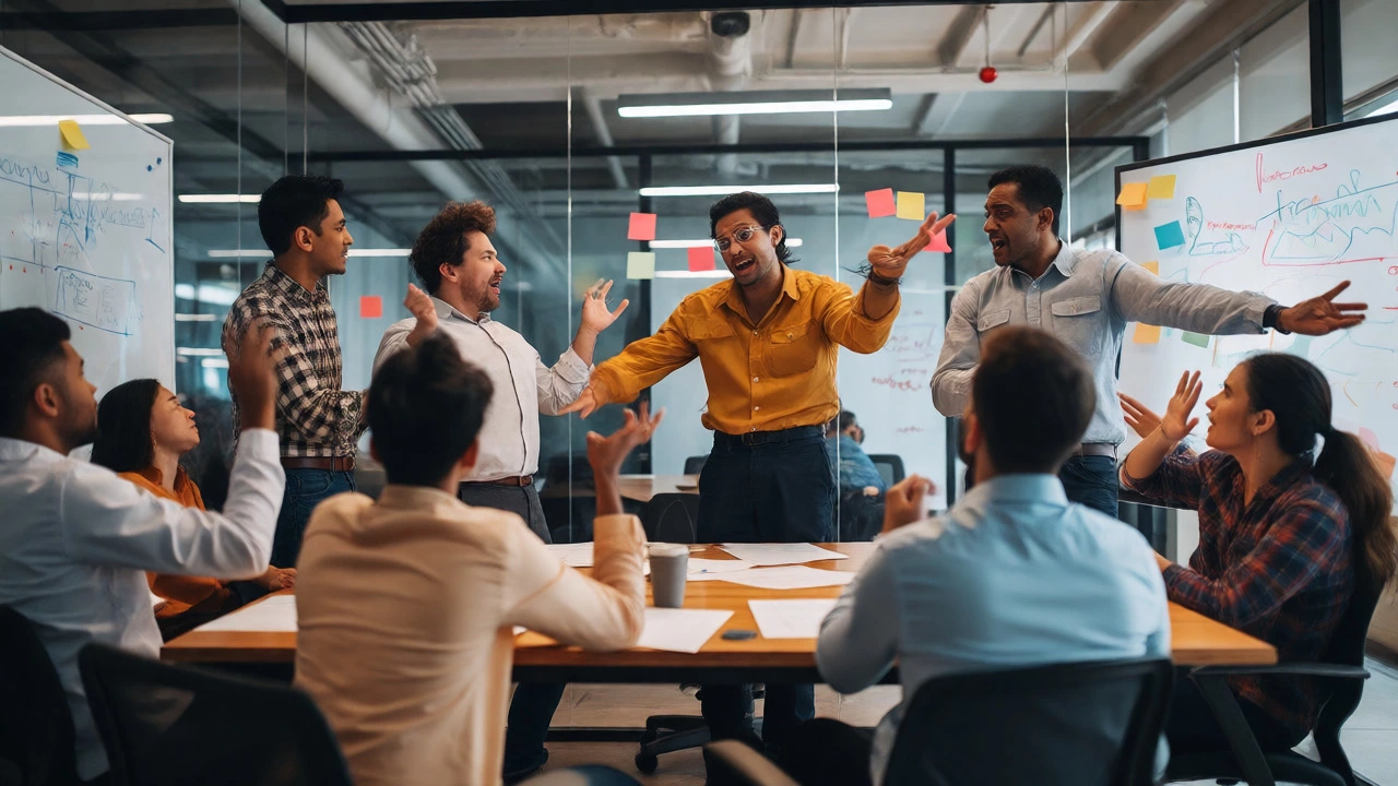 Diverse team arguing intensely during a stressful business meeting in a conference room.