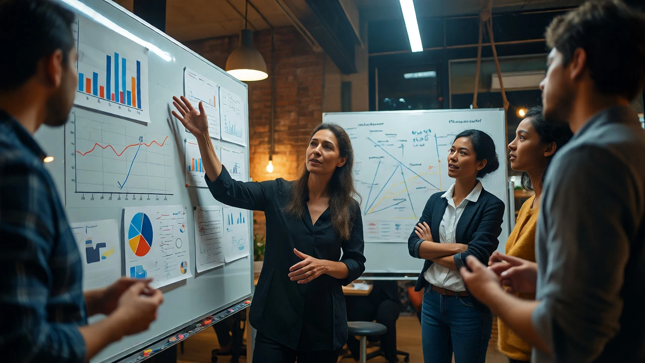 Experienced woman leading team meeting with data charts