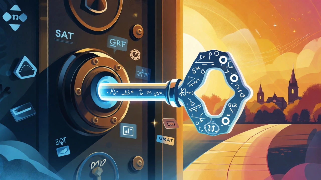 Glowing key unlocking a door to a university, representing exam scores as access to funding.