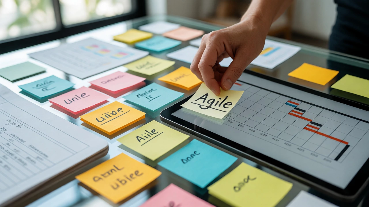 Hands organizing project management tools and notes