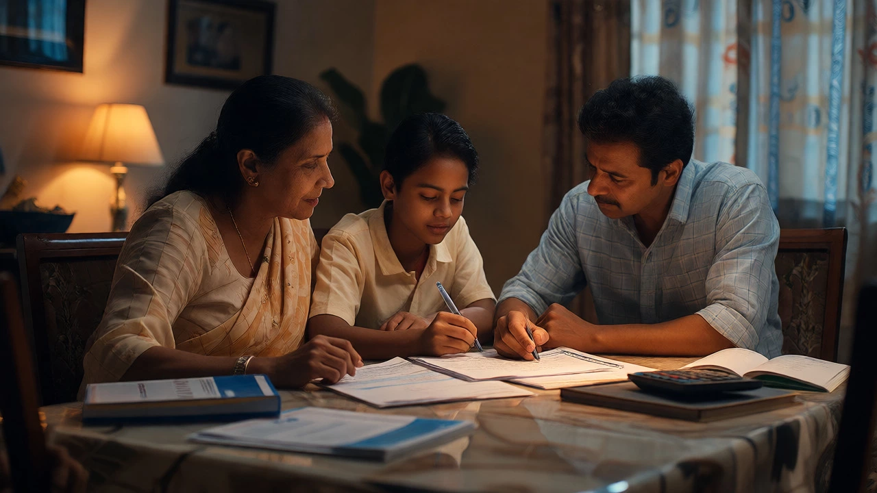 Indian family reviewing MBBS loan documents and fees under warm lamp light