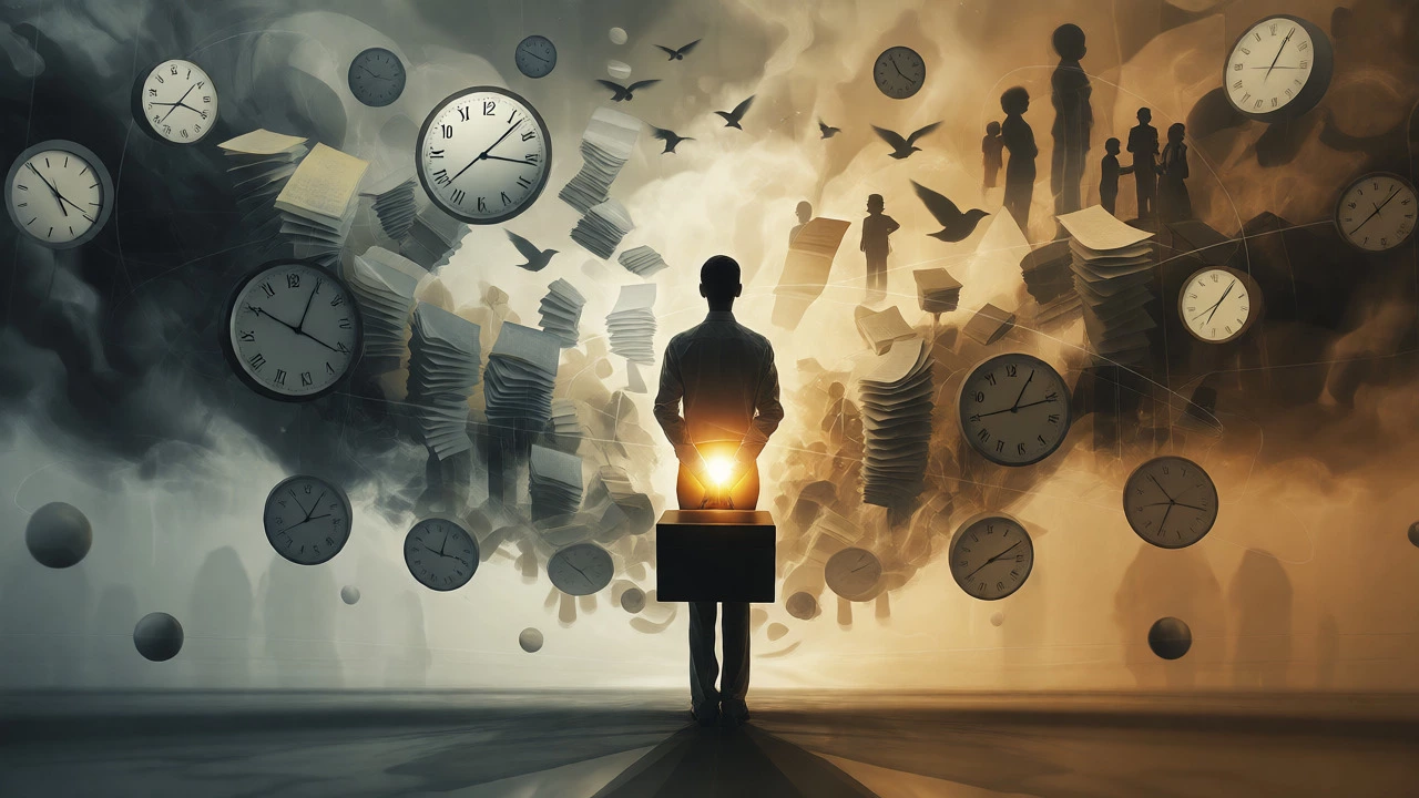 Professional balancing career, family, and time pressures in a surreal conceptual scene.