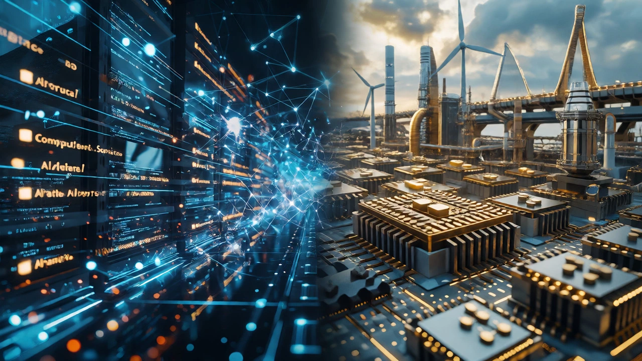 Split image contrasting tech code with industrial engineering elements