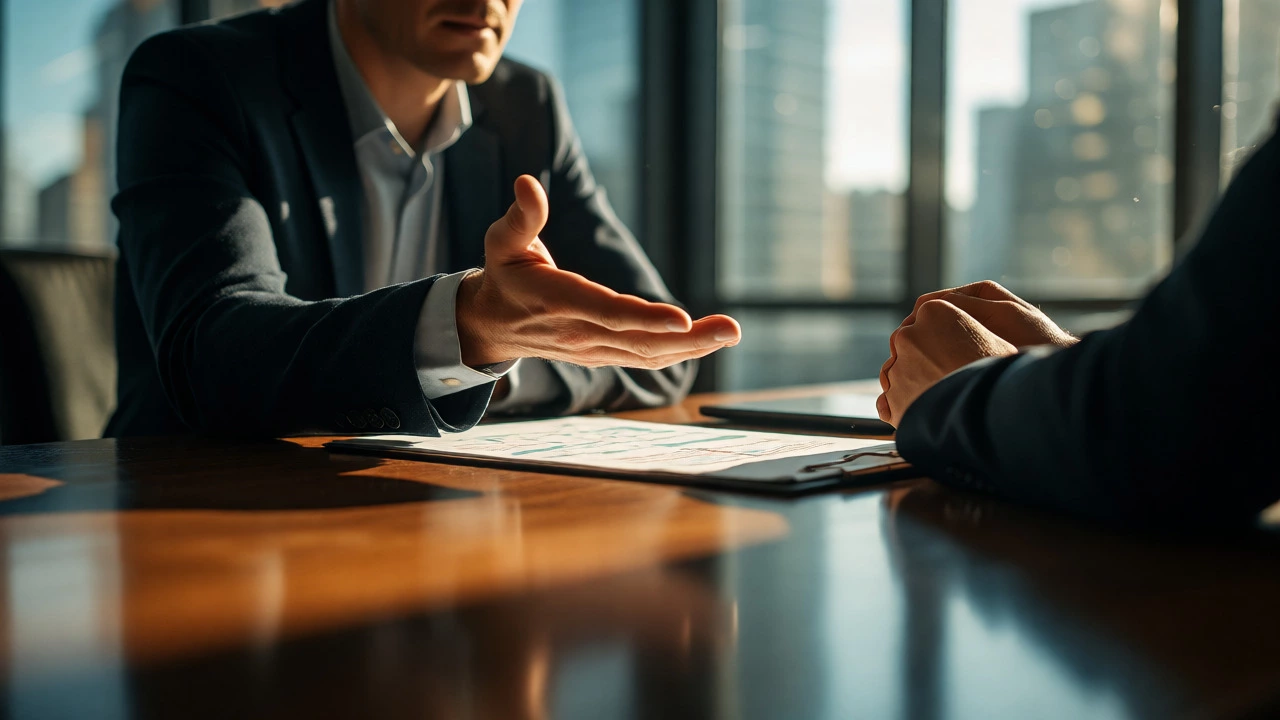 Two professionals negotiating a job offer in a bright meeting room